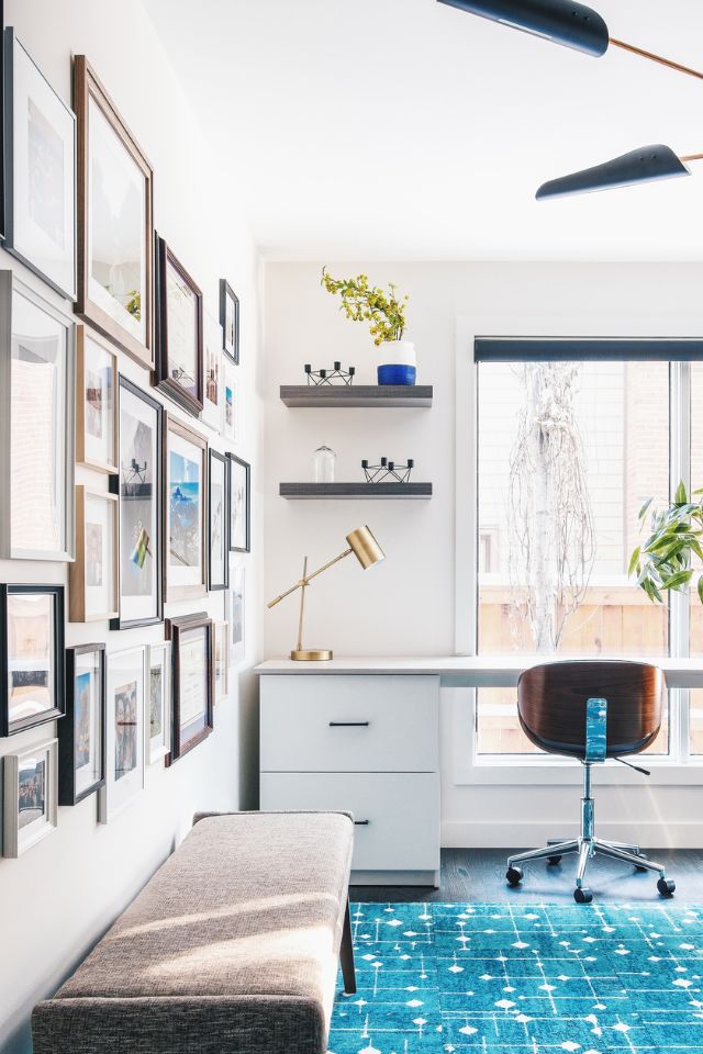 bright and airy home office with coastal blue vibe